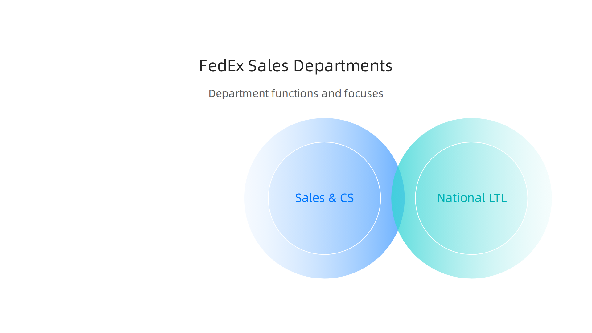 A structured breakdown of FedEx's commercial departments, detailing their core functions, typical client types, and primary role focus for sales professionals.