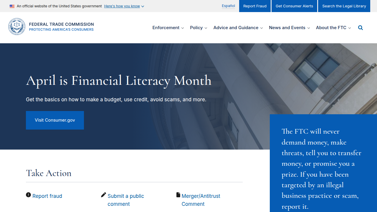 The official website of the Federal Trade Commission, a vital resource for reporting job scams and protecting personal information.