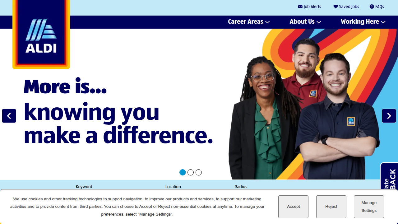 The official Aldi careers website, serving as the primary portal for job seekers to explore and apply for cashier and other retail positions.