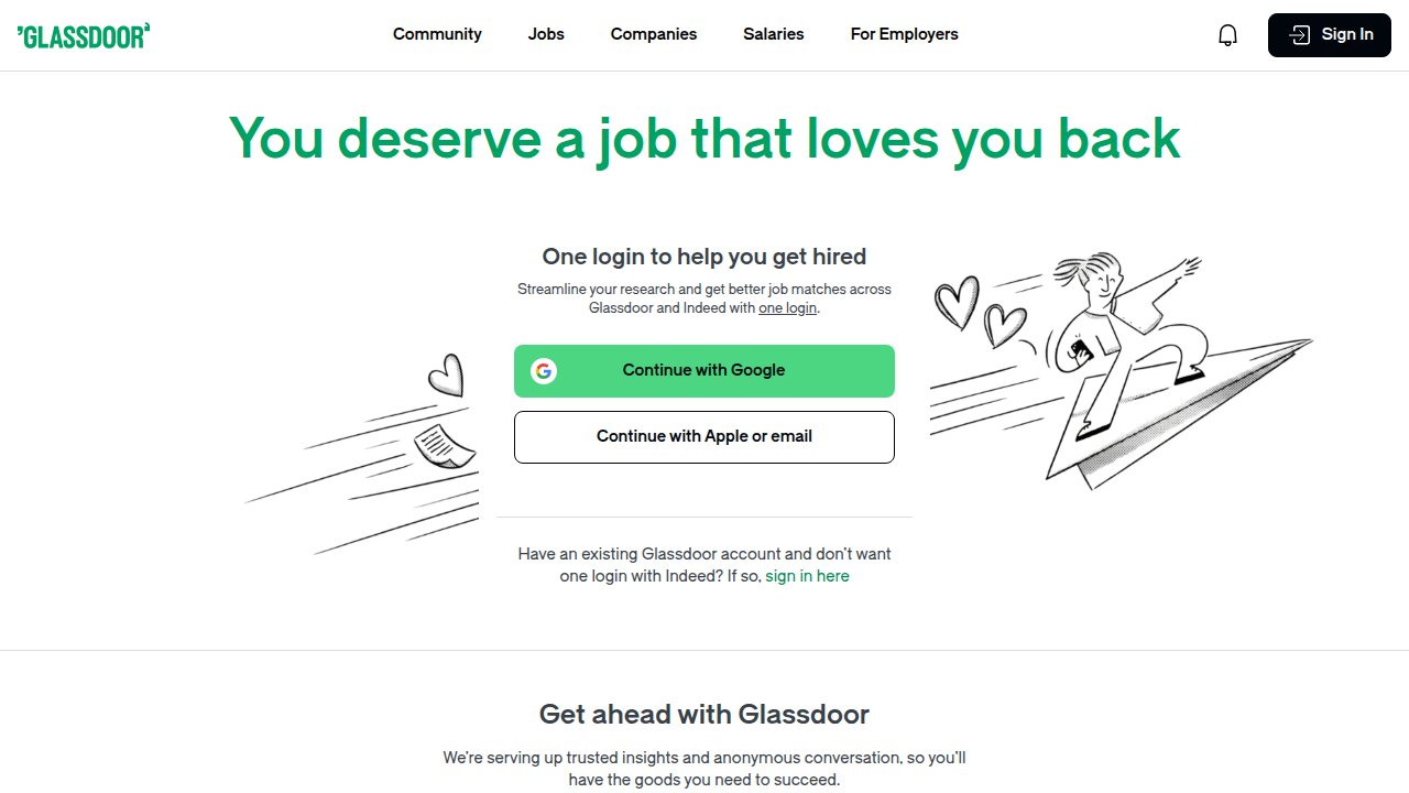 A screenshot of the Glassdoor website, a resource for researching average salaries and compensation for administrative assistant roles.