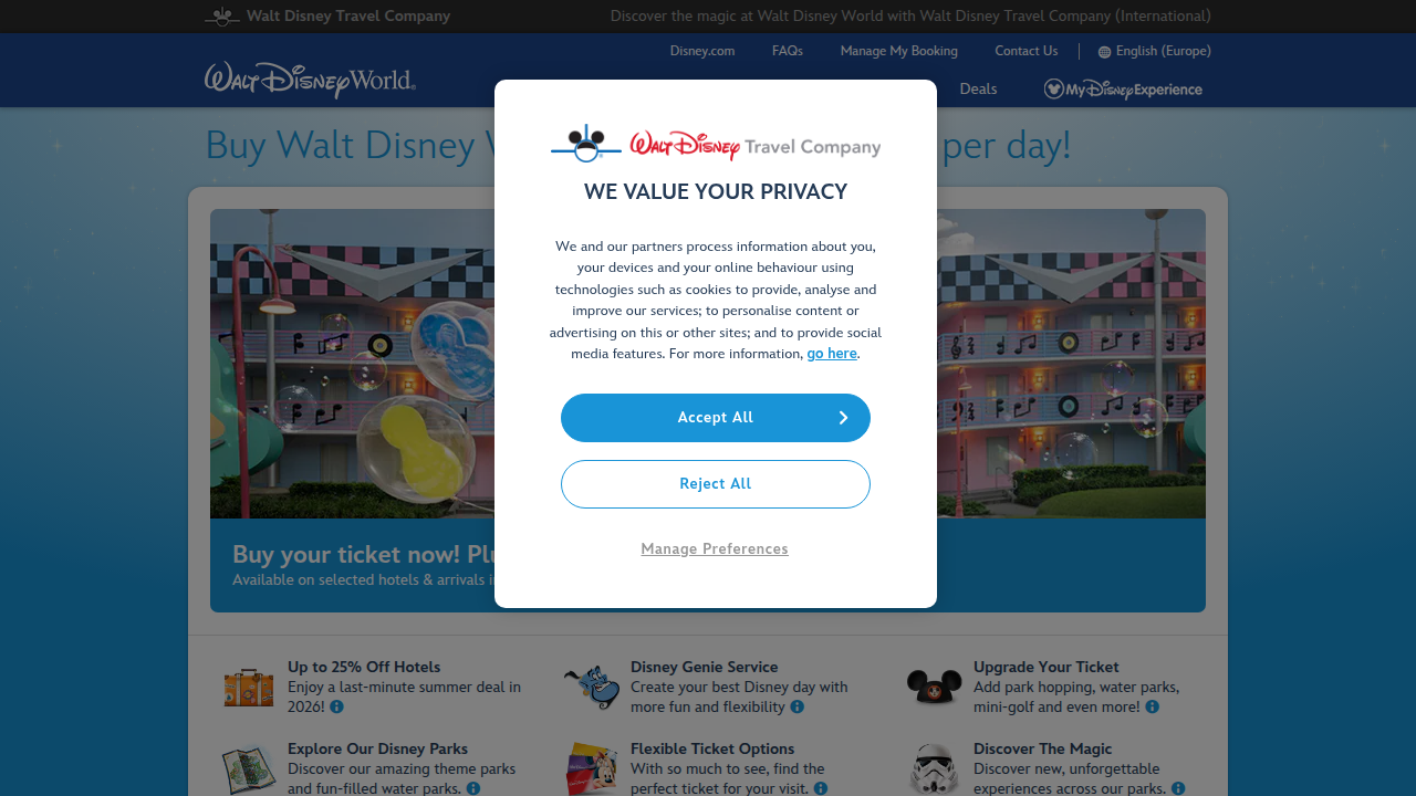 The official online portal to browse and select theme park tickets, where dates and pricing are clearly displayed.