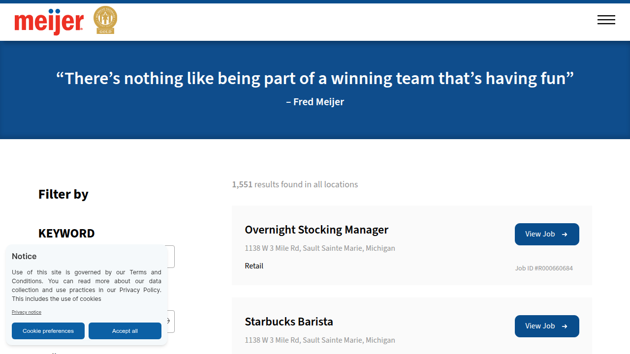 Applicants can easily search for part-time positions by location or specific job titles on the Meijer careers website.