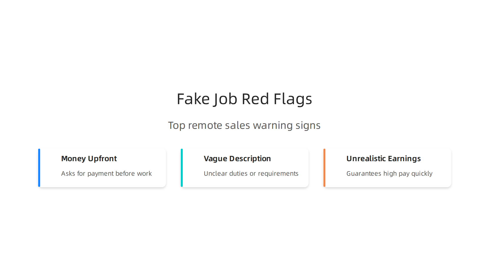 A clear infographic listing the top red flags job seekers should watch out for to identify and avoid scam remote sales job postings.