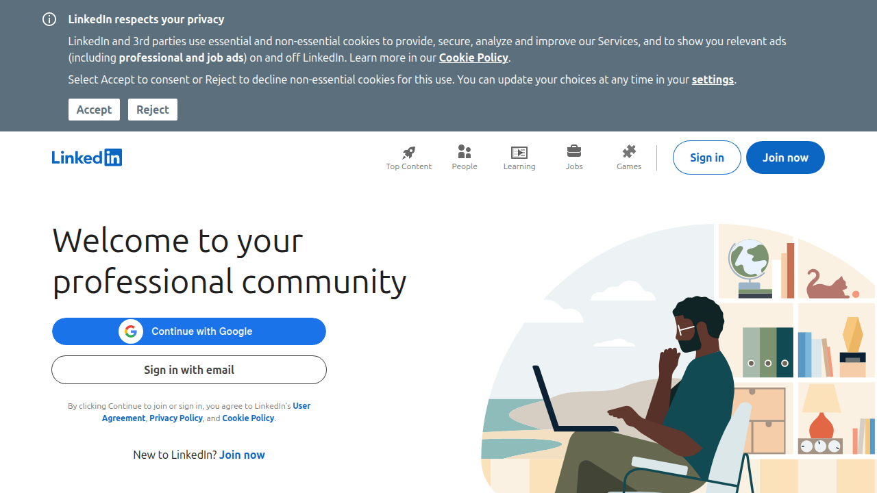 The homepage of LinkedIn, the world's largest professional network, which also offers robust job search features for remote sales roles.
