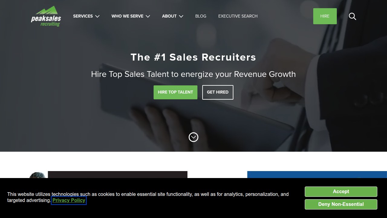 The homepage of Peak Sales Recruiting, highlighting their white-glove approach to high-end placement for tech and B2B services closers.