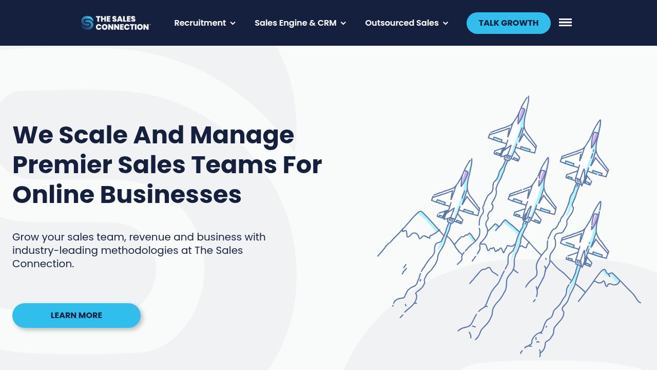 The website for The Sales Connection, a remote high-ticket closing agency that hires closers for multiple client campaigns with a plug-and-play system.