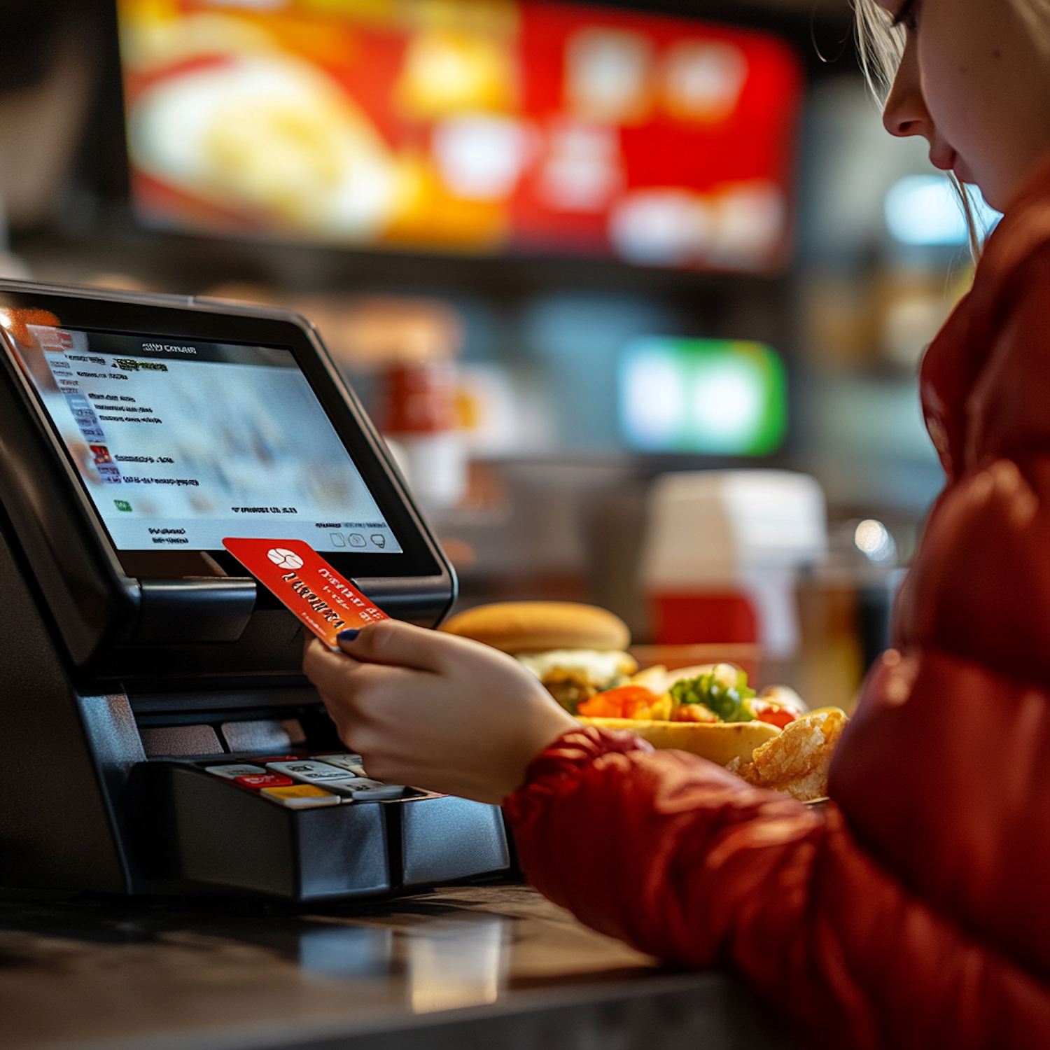 A cheerful teenager working behind the counter at a busy fast food restaurant, demonstrating speed and teamwork during a rush.