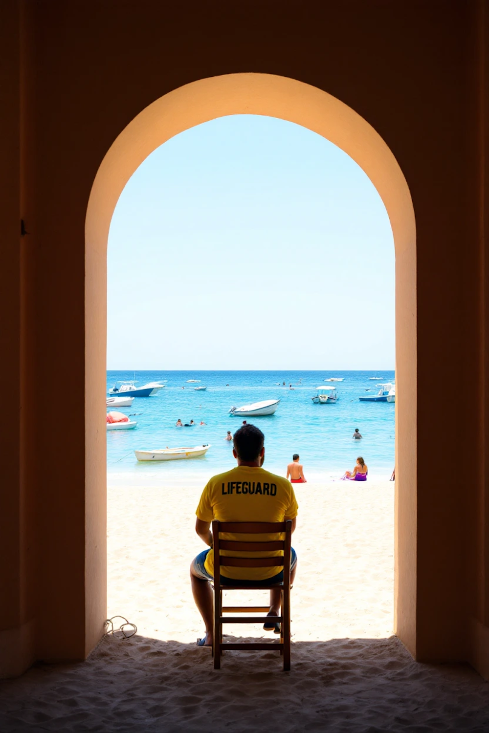 A vigilant teenage lifeguard sits at a pool, ready to ensure the safety of swimmers and demonstrate responsibility.