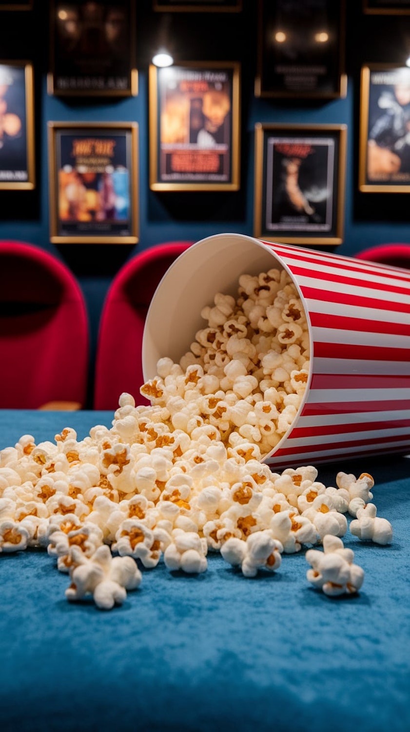 A friendly teenager works behind a movie theater concession stand, serving popcorn and drinks in a fun atmosphere.